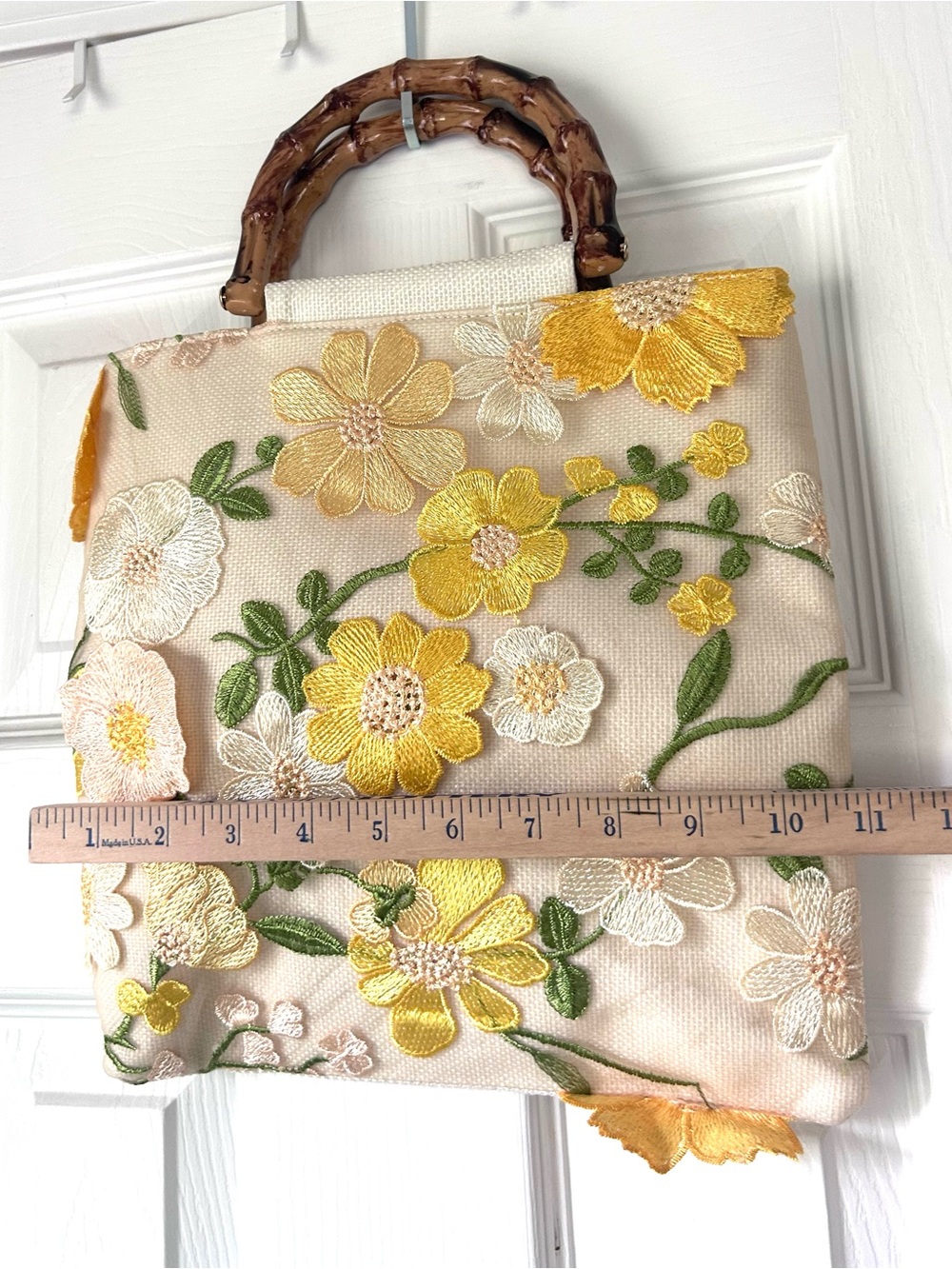 Floral Embroidered Bamboo Handle Top Handle Handbag - Picture 5 of 5